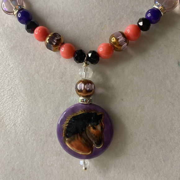 Handcrafted “The Horse” Necklace w/Coral and Purple Quartz - Picture 2 of 7